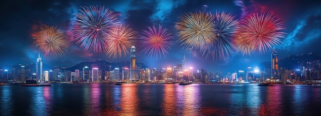 Hong Kong Skyline with Fireworks