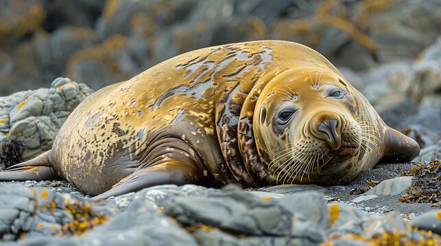 Massive elephant seal lounging on rocky shore: A massive elephant seal lounges lazily on a rocky shore, its blubbery body soaking up the sun as it rests after a long swim. 