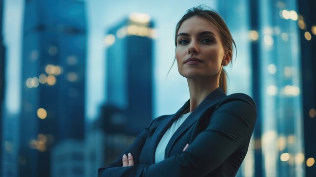 Dynamic editorial image of a determined businesswoman in power stance in modern skyscraper office city skyline background emphasizing corporate success and leadership