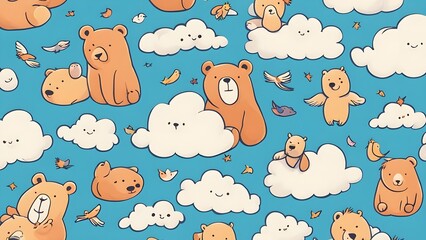 Obraz premium Cute Cartoon Bears Flying in Clouds Seamless Pattern