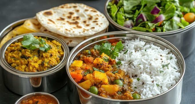 Stainless steel Indian lunch box for office with Dal Fry Bhindi Masala Rice chapati and salad