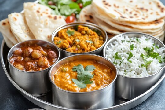 Stainless steel Indian vegetarian lunch box for office contains Dal Fry Chole Masala Rice chapati and salad