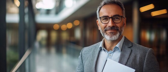 Obraz premium A man in a suit and glasses is smiling and holding a white piece of paper