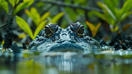 Fototapeta premium Powerful saltwater crocodile lurking in mangrove swamp: A powerful saltwater crocodile lurks just beneath the surface of a mangrove swamp, its eyes and snout barely visible as it waits silently 