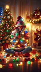 Warm Christmas Spirit: Woman Surrounded by Decorations and Lights