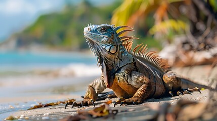 Fototapeta premium Prehistoric-looking iguana basking on tropical beach: A prehistoric-looking iguana basks in the sun on a tropical beach, its rough scales and sharp claws giving it an ancient, otherworldly appearance.
