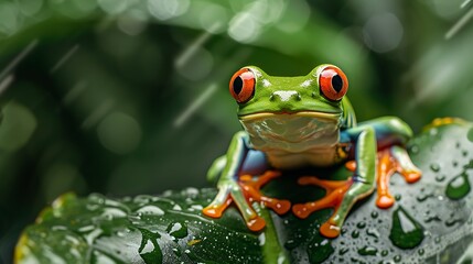 Fototapeta premium Red-eyed tree frog on tropical leaf, vivid colors: A red-eyed tree frog clings to a tropical leaf, its vivid green and orange colors standing out against the lush greenery of the rainforest. 