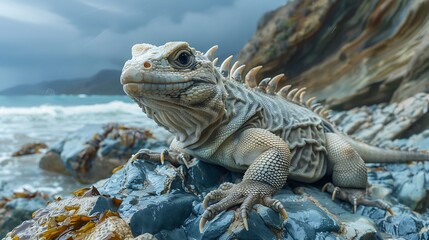 Obraz premium Prehistoric-looking tuatara on rocky New Zealand coast: A prehistoric-looking tuatara basks on a rocky coast in New Zealand, its spiny back and ancient appearance evoking the age of the dinosaurs. 