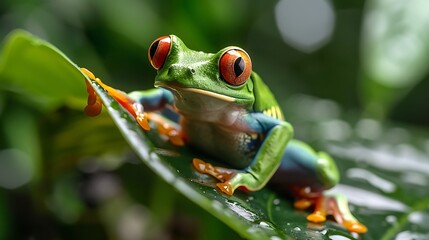 Fototapeta premium Red-eyed tree frog on tropical leaf, vivid colors: A red-eyed tree frog clings to a tropical leaf, its vivid green and orange colors standing out against the lush greenery of the rainforest. 