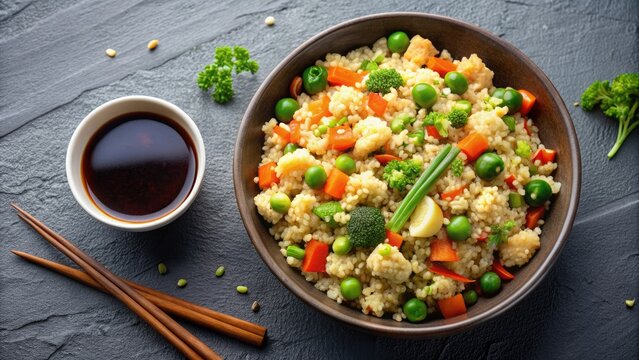 Stir-fried cauliflower rice and mixed vegetables in a bowl with tamari sauce , healthy, vegetarian, vegan