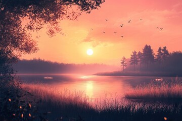 Serene Sunset Over a Tranquil Lake with Birds in Flight