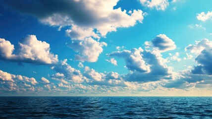 Fototapeta premium A serene view of the ocean under a bright sky with fluffy clouds, perfect for relaxation and nature-inspired designs.
