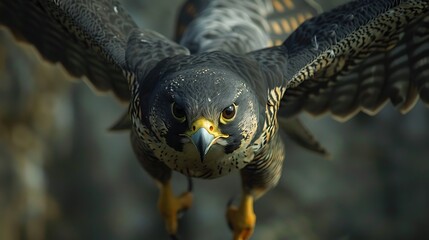 Swift peregrine falcon diving at high speed: A swift peregrine falcon dives at incredible speed from high above, its sharp eyes locked on its prey, showcasing its unmatched hunting prowess. 