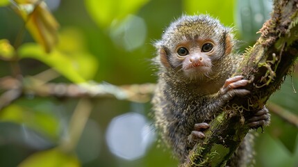 Fototapeta premium Tiny pygmy marmoset in Amazon rainforest canopy: A tiny pygmy marmoset clings to a branch high in the Amazon rainforest canopy, its small size and curious expression adding to its endearing 