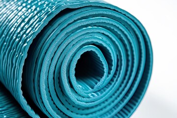 Rolled teal yoga mat for fitness activities.