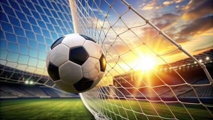 Football ball caught in a goal net , soccer, sports, goal, success, achievement, victory, competition, challenge, team, winning