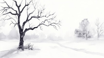 Fototapeta premium A serene winter landscape featuring a bare tree, soft fog, and gentle snow, evoking tranquility and solitude.