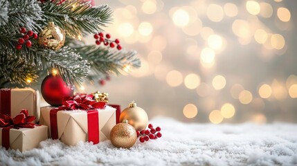 Obraz premium Christmas greeting template with tree with red and gold ornaments, surrounded by wrapped presents on a soft snowy surface. Christmas tree with gift box, greeting card, or inviting card