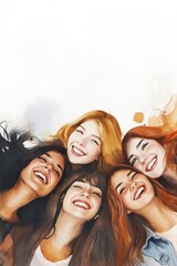 Fototapeta premium Five women sharing joy in watercolor artwork