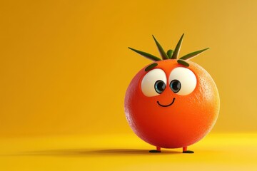 Obraz premium Cartoon Tomato Character with Big Eyes, Funny and Silly Fruit with Copy Space