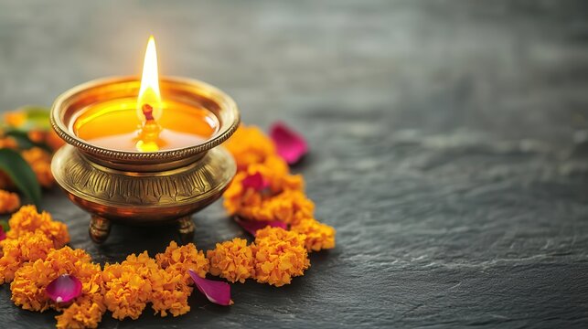 Closeup of a traditional brass oil lamp deepam lit with ghee, surrounded by marigold petals