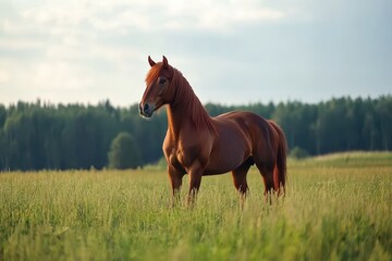 Summer field with young chestnut horse
