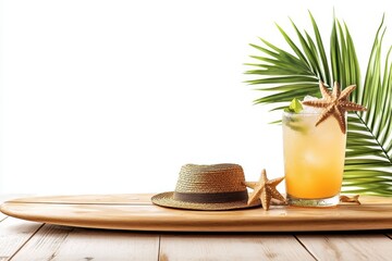 Summer beach cocktail bar with tropical theme and empty surfboard for copy space isolated on white