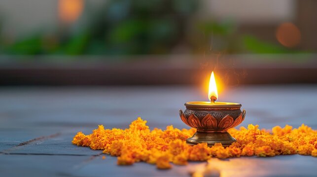 Closeup of a traditional brass oil lamp deepam lit with ghee, surrounded by marigold petals