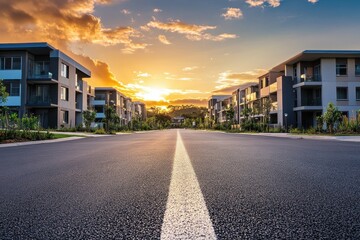 Sunset scene of modern residential area with asphalt road
