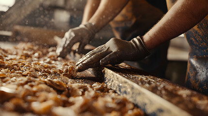 Closeup of hands in gloves sorting through a pile of fresh oysters.