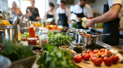 Fresh ingredients and a chef cooking in a kitchen. © Phatharaporn