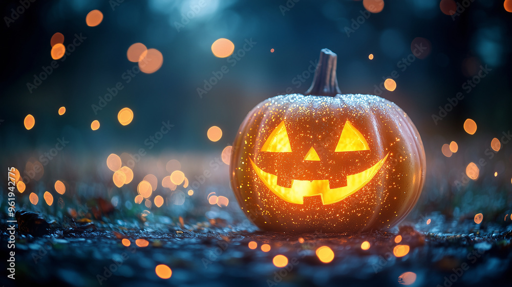 Fototapete happy halloween banner or party invitation background with clouds, bats and pumpkins in paper cut st