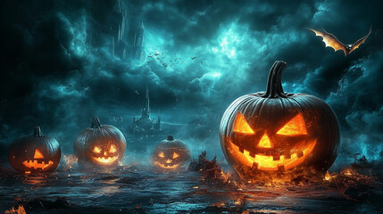 Happy Halloween banner or party invitation background with clouds, bats and pumpkins in paper cut style. Vector illustration. Full moon in orange sky, spiders web and witch cauldron. Place for text 