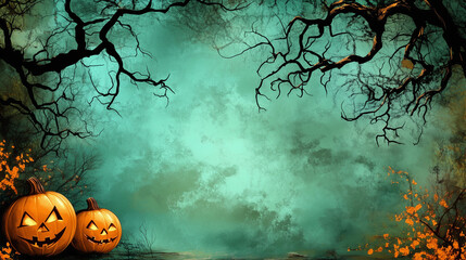 Happy Halloween banner or party invitation background with clouds, bats and pumpkins in paper cut style. Vector illustration. Full moon in orange sky, spiders web and witch cauldron. Place for text 