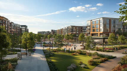 Modern Urban Community with Green Space.