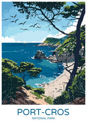 National Park of Port-Cros France Poster Illustration Travel Print Decor Gift Paper Canvas Wall Retro Art