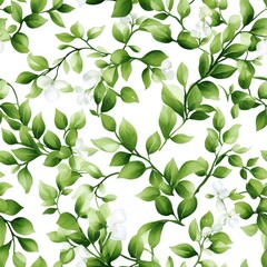 A vibrant pattern featuring lush green leaves and delicate flowers against a crisp white background, perfect for nature-themed designs.