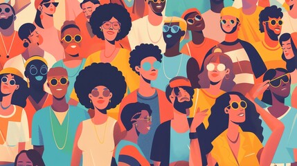 Illustration of a diverse crowd of people wearing sunglasses.