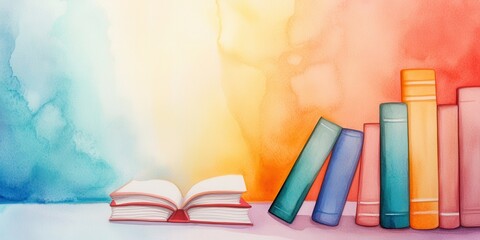 A vibrant watercolor illustration featuring an open book and a stack of colorful books against a soft, blended background.