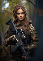 Fototapeta premium A Confident Female Soldier Fiercely Posing in Camouflage with Her Rifle Gear at the Ready