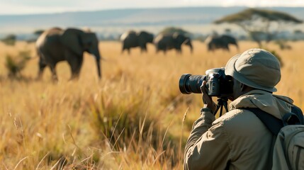 Obraz premium A wildlife photographer takes pictures of elephants in a savanna.