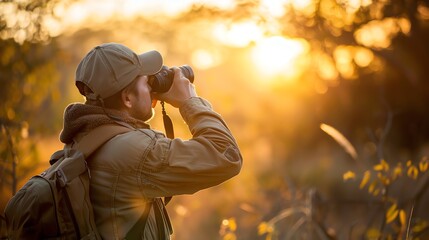 Fototapeta premium A photographer takes photos of a sunset over rolling hills.