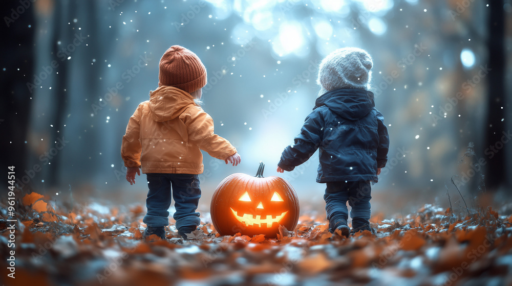 Fototapete happy halloween banner or party invitation background with clouds, bats and pumpkins in paper cut st