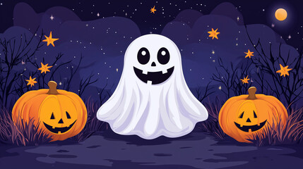 Happy Halloween banner or party invitation background with clouds, bats and pumpkins in paper cut style. Vector illustration. Full moon in orange sky, spiders web and witch cauldron. Place for text 