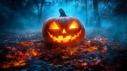 Happy Halloween banner or party invitation background with clouds, bats and pumpkins in paper cut style. Vector illustration. Full moon in orange sky, spiders web and witch cauldron. Place for text 