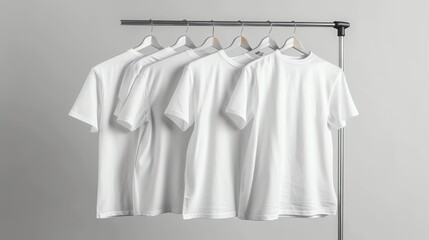 Four white t-shirts hang on wooden hangers on a clothes rack.