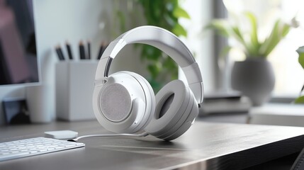 A pair of white headphones sits on a desk with a keyboard and a computer in the background.