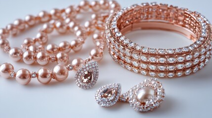 Obraz premium Rose Gold Jewelry Set with Pearls and Diamonds.