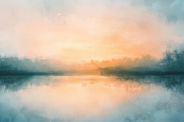 Abstract Painting of a Sunset Over a Lake with Silhouetted Trees
