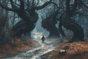A forest filled with twisted, gnarled trees that come alive, their branches becoming monstrous arms as a child runs in fear.